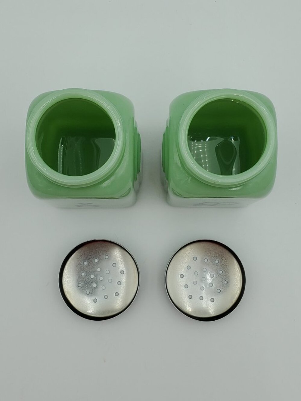 Jadeite Salt & Pepper Shakers Green Milk Glass Shaker Set with S & P Initials - Picture 5 of 8